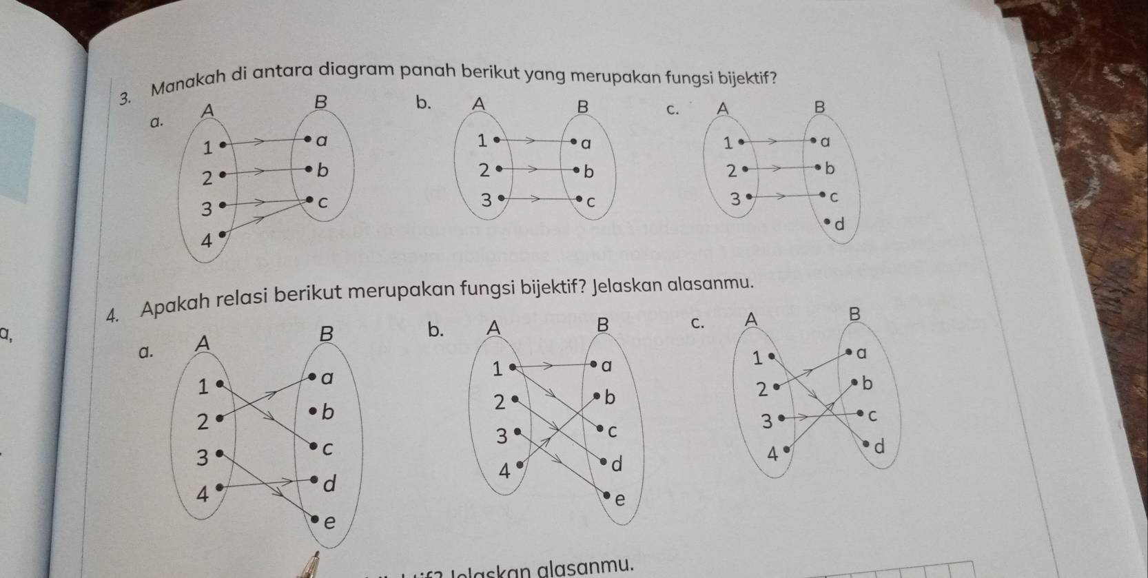 Manakah di antara diagram panah berikut yang merupakan fungsi bijektif?
b.C.
a.
4. Apakah relasi berikut merupakan fungsi bijektif? Jelaskan alasanmu.
C.
a,
b. 
a.
Iolaskan alasanmu.