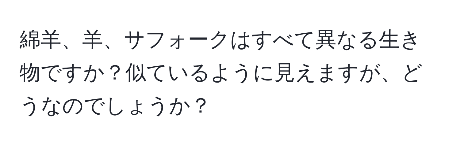 綿羊、羊、サフォークはすべて異なる生き物ですか？似ているように見えますが、どうなのでしょうか？