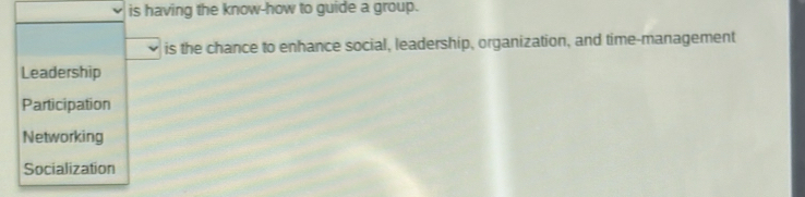 is having the know-how to guide a group.
is the chance to enhance social, leadership, organization, and time-management
Leadership
Participation
Networking
Socialization