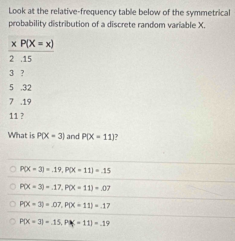 Look at the relative-frequency table below of the symmetrical
probability distribution of a discrete random variable X.
What is P(X=3) and P(X=11) ?
P(X=3)=.19,P(X=11)=.15
P(X=3)=.17,P(X=11)=.07
P(X=3)=.07,P(X=11)=.17
P(X=3)=.15,P(X=11)=.19