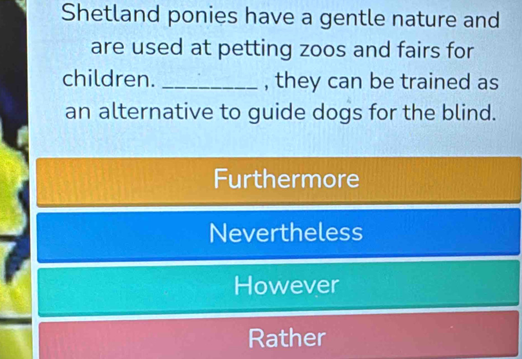 Shetland ponies have a gentle nature and
are used at petting zoos and fairs for
children. _, they can be trained as
an alternative to guide dogs for the blind.
Furthermore
Nevertheless
However
Rather