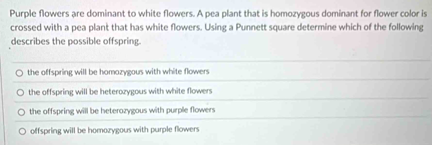 Purple flowers are dominant to white flowers. A pea plant that is homozygous dominant for flower color is
crossed with a pea plant that has white flowers. Using a Punnett square determine which of the following
describes the possible offspring.
the offspring will be homozygous with white flowers
the offspring will be heterozygous with white flowers
the offspring will be heterozygous with purple flowers
offspring will be homozygous with purple flowers