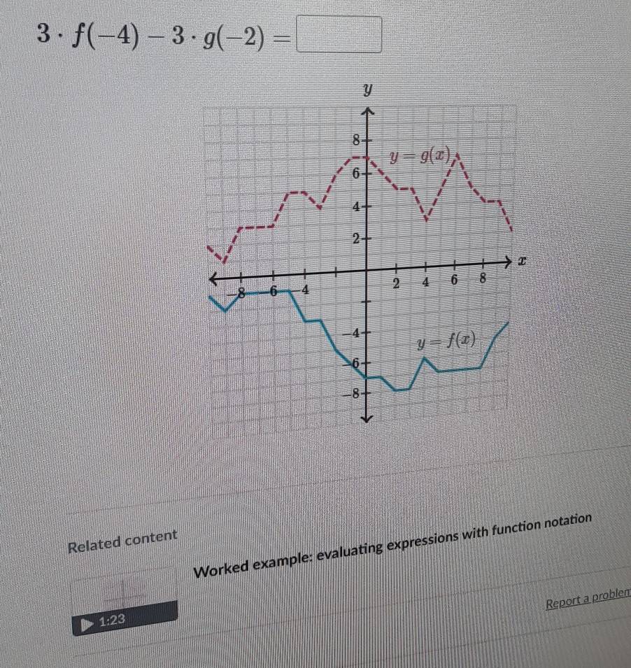 3· f(-4)-3· g(-2)=□
Related content
Worked example: evaluating expressions with function notation
Report a problen
1:23