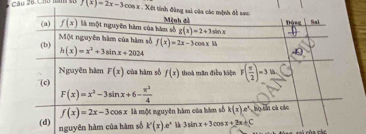 Cho năm số f(x)=2x-3cos x
nguyên hàm