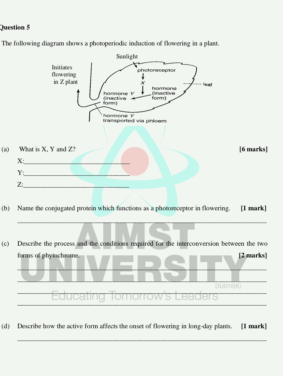 The following diagram shows a photoperiodic induction of flowering in a plant. 
(a) What is X, Y and Z? [6 marks]
X :_
Y :_
Z :_ 
(b) Name the conjugated protein which functions as a photoreceptor in flowering. [1 mark] 
_ 
(c) Describe the process and the conditions required for the interconversion between the two 
forms of phytochrome. [2 marks] 
DU010(K) 
Educating Tomorrow's Leaders 
(d) Describe how the active form affects the onset of flowering in long-day plants. [1 mark] 
_