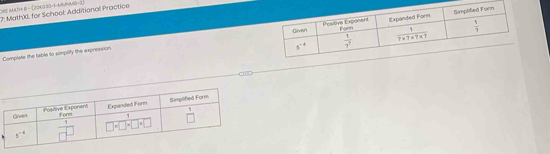 ORE MATH 8 - (20K030-1-MMNM8−3)
7: MathXL for School: Additional Practice
Complete the table to simplify the expression.