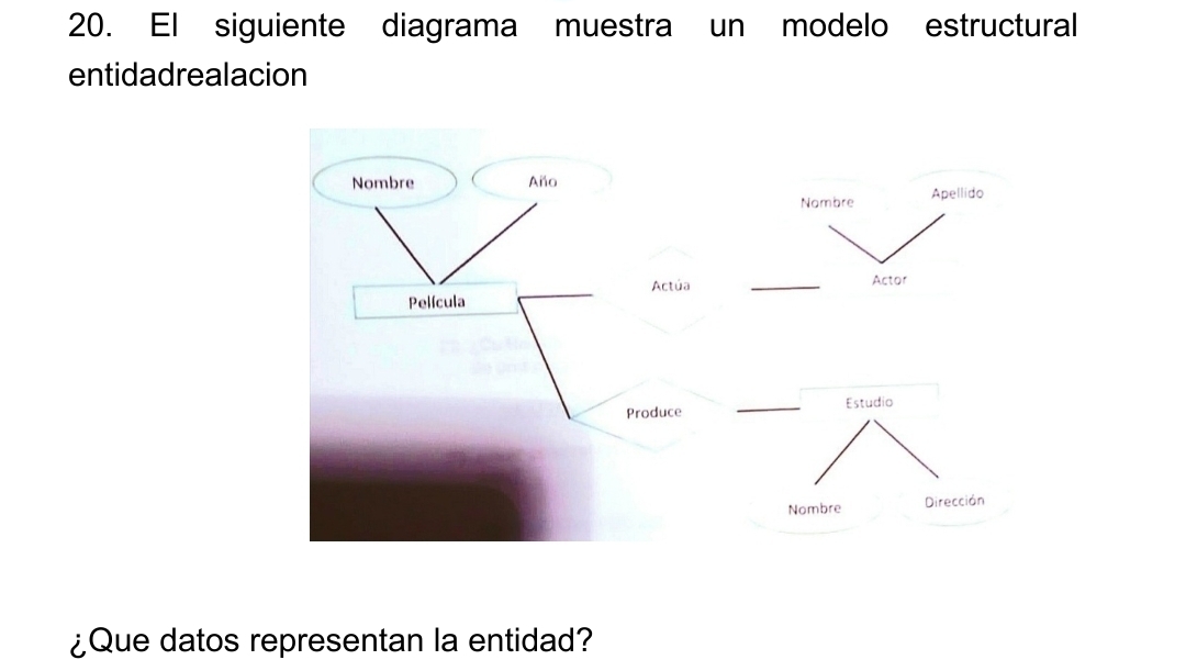 El siguiente diagrama muestra un modelo estructural 
entidadrealacion 
¿Que datos representan la entidad?