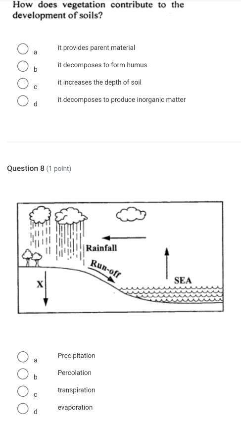 How does vegetation contribute to the
development of soils?
a it provides parent material
b it decomposes to form humus
C it increases the depth of soil
d it decomposes to produce inorganic matter
Question 8 (1 point)
a Precipitation
b Percolation
C transpiration
d evaporation