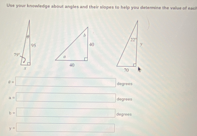 Use your knowledge about angles and their slopes to help you determine the value of each
θ =□ a egree S
a=□ degrees
b=□ degrees
y=□