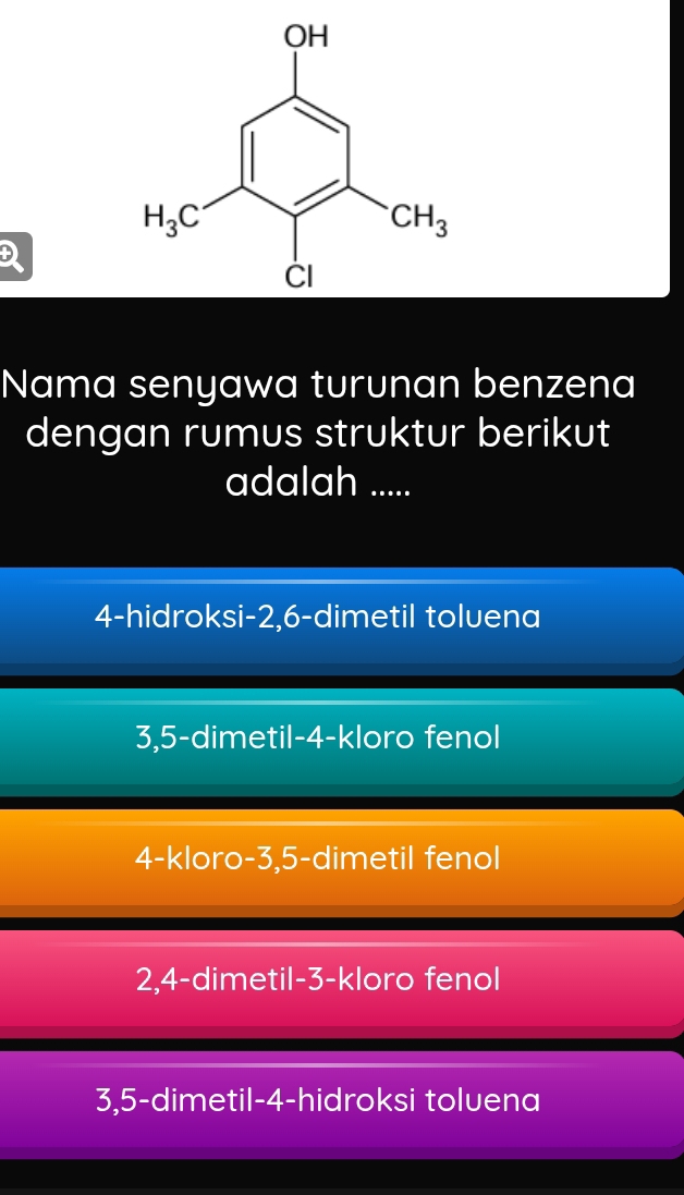 Nama senyawa turunan benzena
dengan rumus struktur berikut
adalah .....
4-hidroksi-2,6-dimetil toluena
3,5-dimetil-4-kloro fenol
4-kloro-3,5-dimetil fenol
2,4-dimetil-3-kloro fenol
3,5-dimetil-4-hidroksi toluena