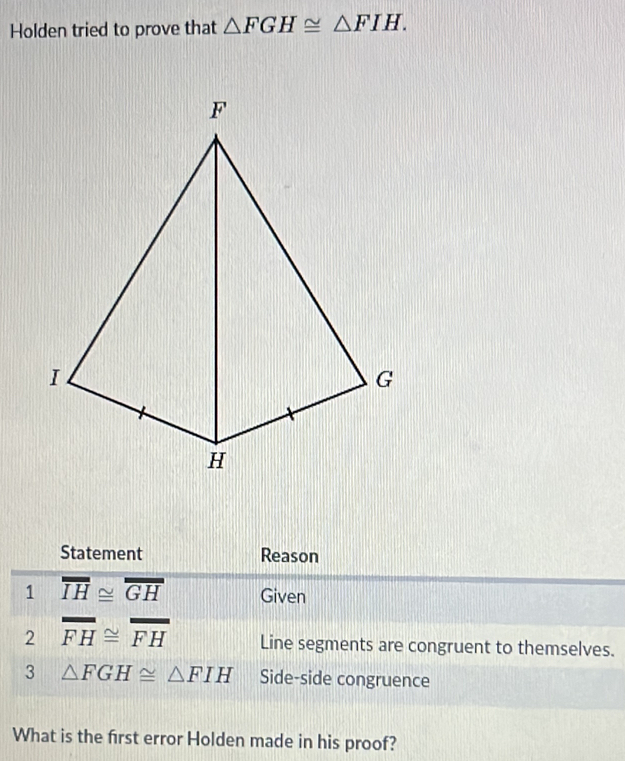 Holden tried to prove that △ FGH≌ △ FIH. 
Statement Reason 
1 overline IH≌ overline GH Given 
2 overline FH≌ overline FH Line segments are congruent to themselves. 
3 △ FGH≌ △ FIH Side-side congruence 
What is the first error Holden made in his proof?