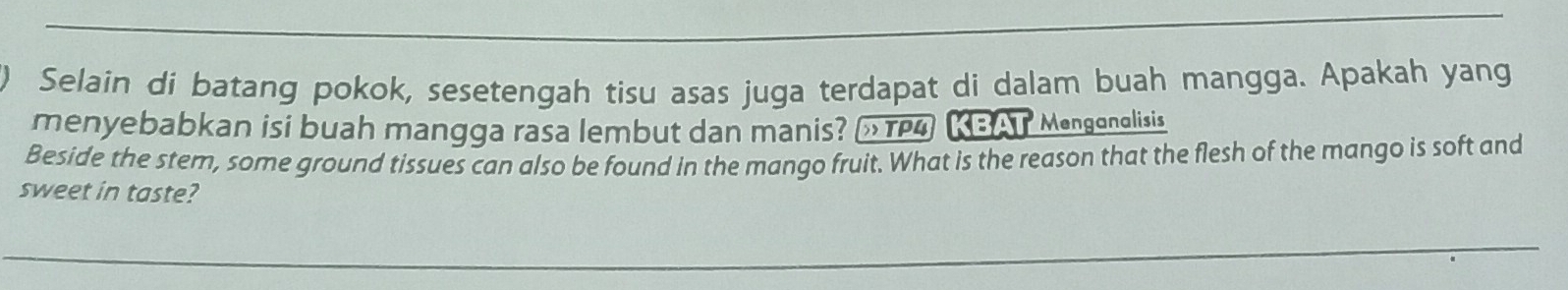 Selain di batang pokok, sesetengah tisu asas juga terdapat di dalam buah mangga. Apakah yang 
menyebabkan isi buah mangga rasa lembut dan manis? »τ KBAT Mengonalisis 
Beside the stern, some ground tissues can also be found in the mango fruit. What is the reason that the flesh of the mango is soft and 
sweet in taste?