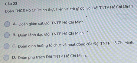 Đoàn TNCS Hồ Chí Minh thực hiện vai trò gì đối với Đội TNTP Hồ Chí Minh?
A. Đoàn giám sát Đội TNTP Hồ Chí Minh.
B. Đoàn lãnh đạo Đội TNTP Hồ Chí Minh.
C. Đoàn định hướng tổ chức và hoạt động của Đội TNTP Hồ Chí Minh.
D. Đoàn phụ trách Đội TNTP Hồ Chí Minh.