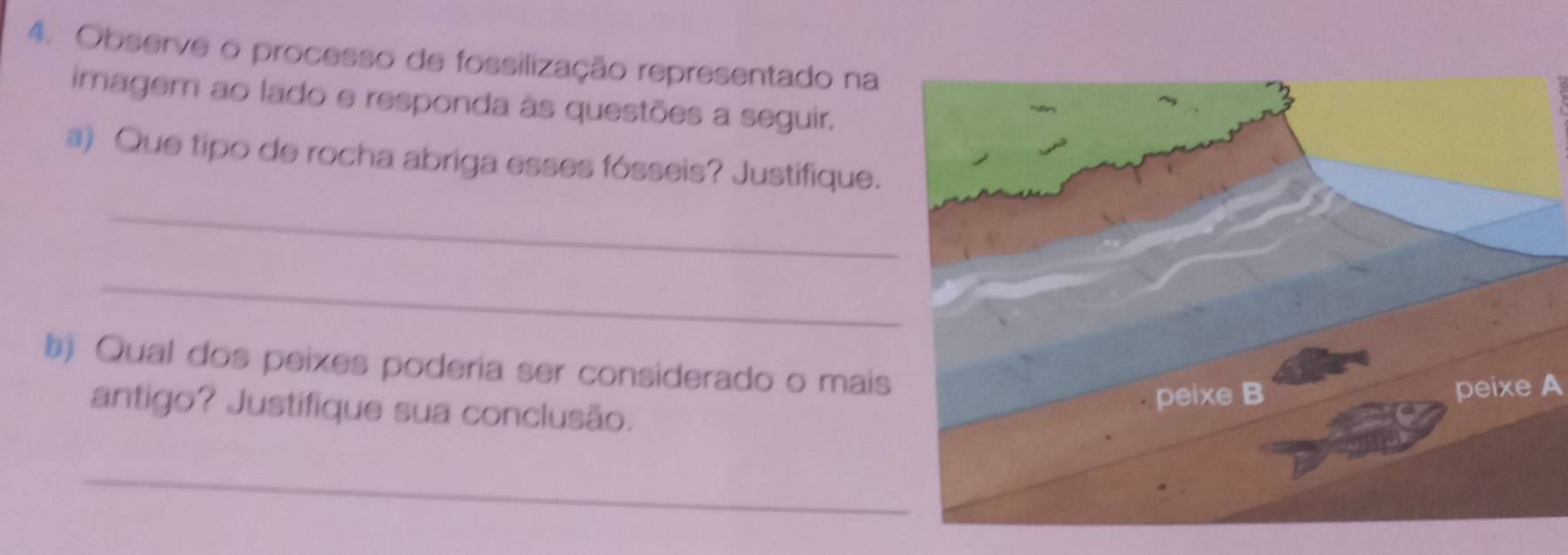 Observe o processo de fossilização representado na 
imagem ao lado e responda às questões a seguir. 
a) Que tipo de rocha abriga esses fósseis? Justifique. 
_ 
_ 
b) Qual dos peixes poderia ser considerado o mais 
peixe A 
antigo? Justifique sua conclusão. 
_