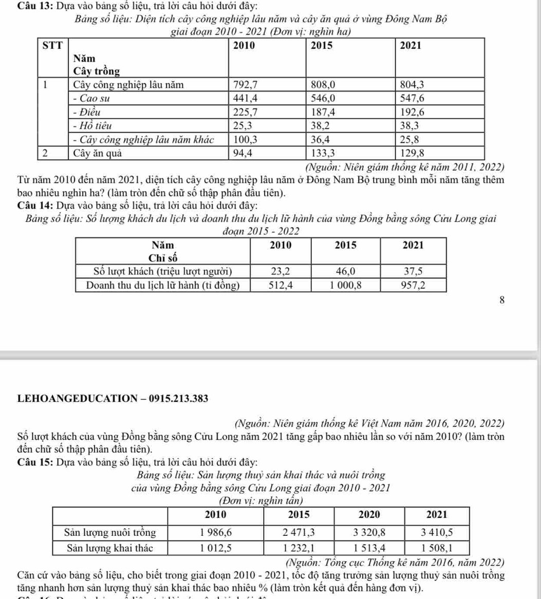 Dựa vào bảng số liệu, trả lời câu hỏi dưới đây: 
Bảng số liệu: Diện tích cây công nghiệp lâu năm và cây ăn quả ở vùng Đông Nam Bộ 
Từ năm 2010 đến năm 2021, diện tích cây công nghiệp lâu năm ở Đông Nam Bộ trung bình mỗi năm tăng thêm 
bao nhiêu nghìn ha? (làm tròn đến chữ số thập phân đầu tiên). 
Câu 14: Dựa vào bảng số liệu, trả lời câu hỏi dưới đây: 
Bảng số liệu: Số lượng khách du lịch và doanh thu du lịch lữ hành của vùng Đồng bằng sông Cứu Long giai 
2015 - 2022 
8 
LEHOANGEDUCATION - 0915.213.383 
(Nguồn: Niên giám thống kê Việt Nam năm 2016, 2020, 2022) 
Số lượt khách của vùng Đồng bằng sông Cửu Long năm 2021 tăng gấp bao nhiêu lần so với năm 2010? (làm tròn 
đến chữ số thập phân đầu tiên). 
Câu 15: Dựa vào bảng số liệu, trả lời câu hỏi dưới đây: 
Bảng số liệu: Sản lượng thuỷ sản khai thác và nuôi trồng 
của vùng Đồng bằng sông Cửu Long giai đoạn 2010 - 2021 
tầ 
(Nguồn: Tổng cục Thổng kê năm 2016, năm 2022) 
Căn cứ vào bảng số liệu, cho biết trong giai đoạn 2010 - 2021, tốc độ tăng trưởng sản lượng thuỷ sản nuôi trồng 
tăng nhanh hơn sản lượng thuỷ sản khai thác bao nhiêu % (làm tròn kết quả đến hàng đơn vị).