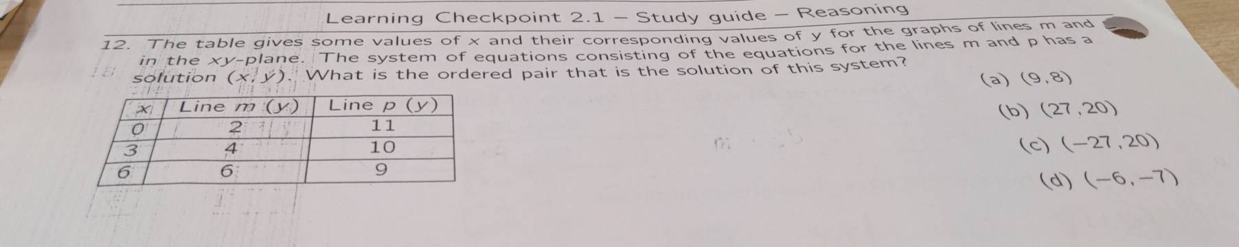 Learning Checkpoint 2.1 - Study guide - Reasoning
12. The table gives some values of x and their corresponding values of y for the graphs of lines m and
in the xy-plane. The system of equations consisting of the equations for the lines m and p has a
solution (x,y). What is the ordered pair that is the solution of this system?
(a) (9,8)
(b) (27,20)
(c) (-27,20)
(d) (-6,-7)