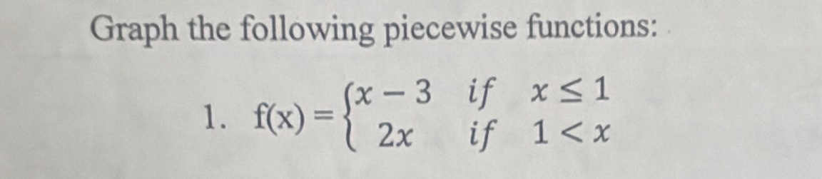 Graph the following piecewise functions: 
1. f(x)=beginarrayl x-3ifx≤ 1 2xif1