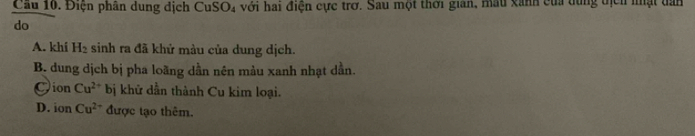 Cầu 10. Điện phân dung dịch CuSO_4 với hai điện cực trở. Sau một thời gian, mầu xanh của dùng địch nật dân
do
A. khí H_2 sinh ra đã khử màu của dung dịch.
B. dung dịch bị pha loãng dần nên màu xanh nhạt dần.
Oion Cu^(2+) bị khử dẫn thành Cu kim loại.
D. ion Cu^(2+) được tạo thêm.