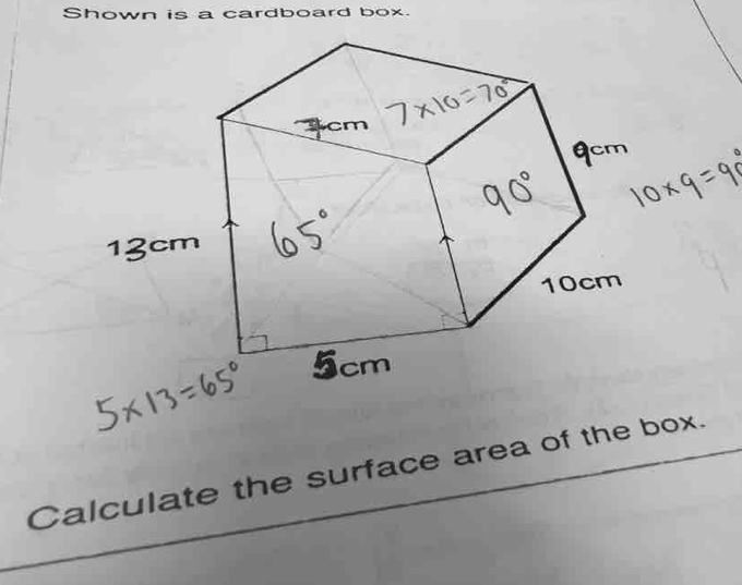 Shown is a cardboard box. 
Calculate the surface area of the box.