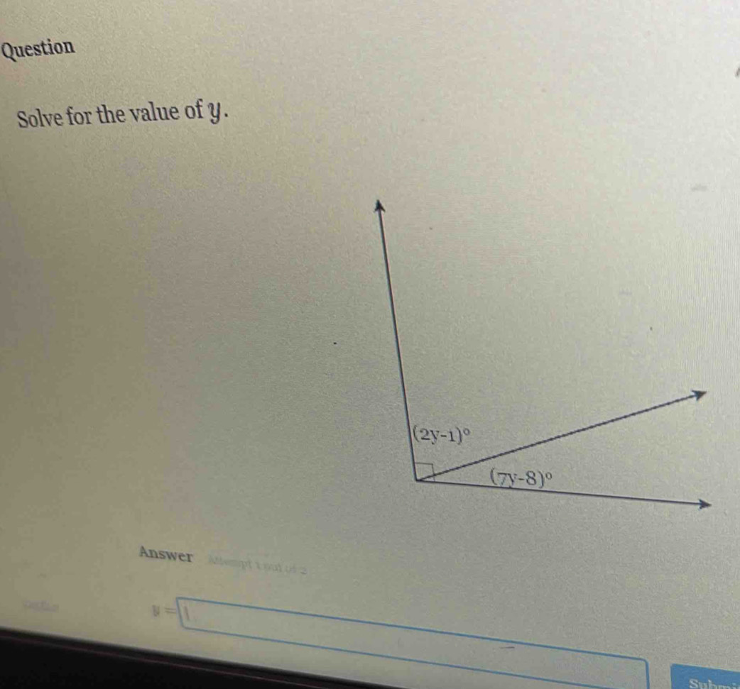 Question
Solve for the value of y.
Answer  Atempt t o01 0 1
y=□
- 1/2 (- π /6 )^2
Subm: