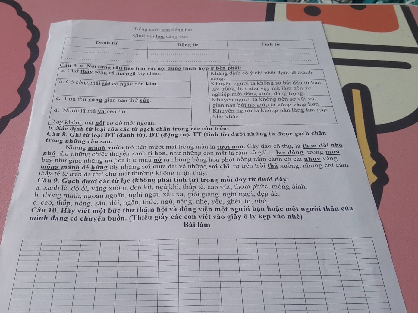 Tiếng cười xen tiếng hát
Chơi vui học càng vui
Danh từ Động từ Tinh từ
_
_
_
_
_
_
Câu 9. a. Nổi từng câu bên trái với nội dung thích 
a. Chớ thấy sóng cả mà ngã tay chèo. 
b. Có công mài sắt có ngày nên kim. 
c. Lửa thử vàng gian nan thử sức. 
d. Nước lã mà vã nên hồ 
Tay không mà nổi cơ đồ mới ngoan.
b. Xác định từ loại của các từ gạch chân trong cá
Câu 8. Ghi từ loại DT (danh từ), ĐT (động từ), TT (tính từ) dưới những từ được gạch chân
trong những câu sau:
Những mảnh vườn trở nên mướt mát trong màu lá tươi non. Cây đào cổ thụ, lá thon dài nho
nhỏ như những chiếc thuyền xanh tí họn, như những con mắt lá răm cô gái....lay động trong mưa
bay như giục những nụ hoa li ti mau nở ra những bông hoa phớt hồng năm cánh có cái nhụy vàng
mộng mảnh để hứng lấy những sợi mưa dai và những sợi chỉ từ trên trời thả xuống, nhưng chỉ cảm
thấy tê tê trên da thịt chứ mắt thường không nhận thấy.
Câu 9. Gạch dưới các từ lạc (không phải tính từ) trong mỗi dãy từ dưới đây:
a. xanh lè, đỏ ối, vàng xuộm, đen kịt, ngủ khì, thấp tè, cao vút, thơm phức, mỏng dính.
b. thông minh, ngoan ngoãn, nghỉ ngơi, xầu xa, giỏi giang, nghĩ ngợi, đẹp đẽ.
c. cao, thấp, nông, sâu, dài, ngắn, thức, ngủ, nặng, nhẹ, yêu, ghét, to, nhỏ.
Câu 10. Hãy viết một bức thư thăm hội và động viện một người bạn hoặc một người thân của
mình đang có chuyển buồn. (Thiếu giấy các con viết vào giấy ô ly kẹp vào nhé)
Bài làm