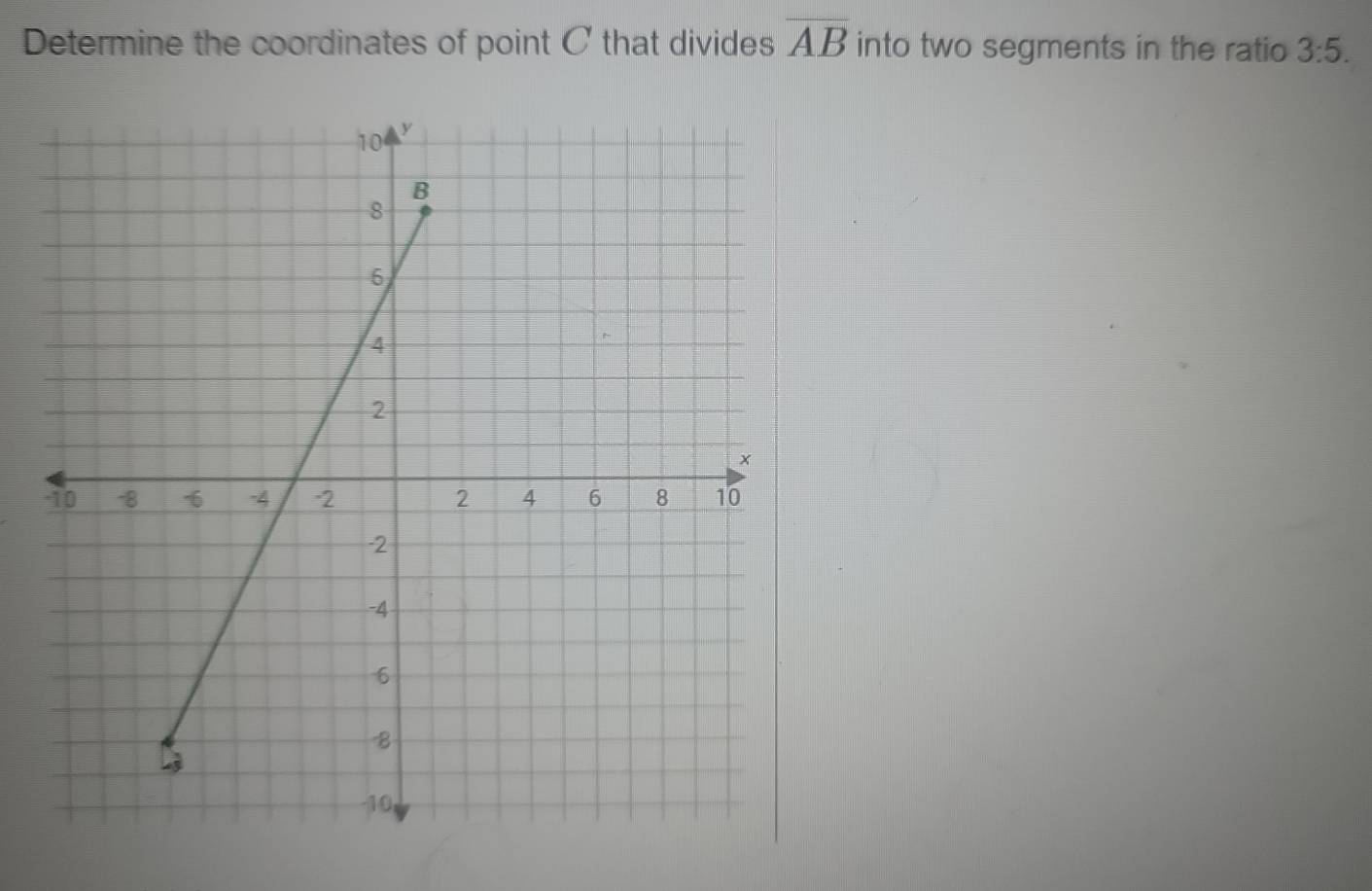 Determine the coordinates of point C that divides overline AB into two segments in the ratio 3:5.