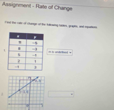 Assignment - Rate of Change
Find the rate of change of the following tables, graphs, and equations.
1
m is undefined
2. □