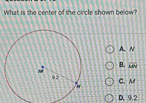 What is the center of the circle shown below?
A. N
B. overline MN
C. M
D. 9.2