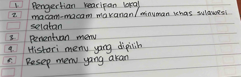 Pengertian kearifan lokal 
2. macam-macam makanan/ minuman khas sulawesi 
selatan 
3. Penentuan meny 
9. Histori meny yang dipilin 
5. Resep meny yang akan