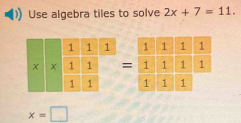 Use algebra tiles to solve 2x+7=11.
x=□