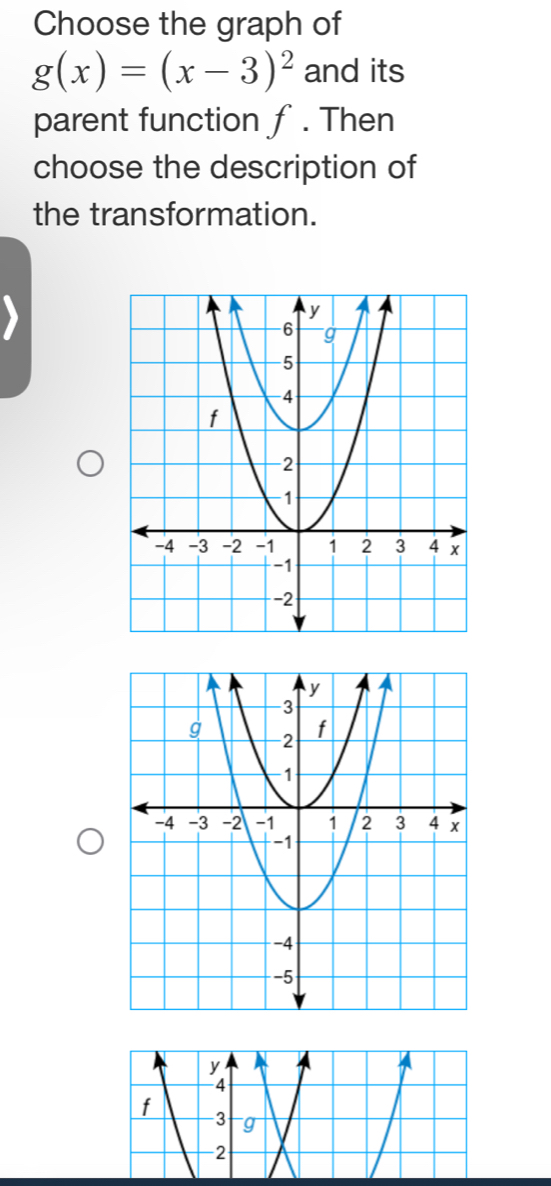 Choose the graph of
g(x)=(x-3)^2 and its 
parent function f. Then 
choose the description of 
the transformation.