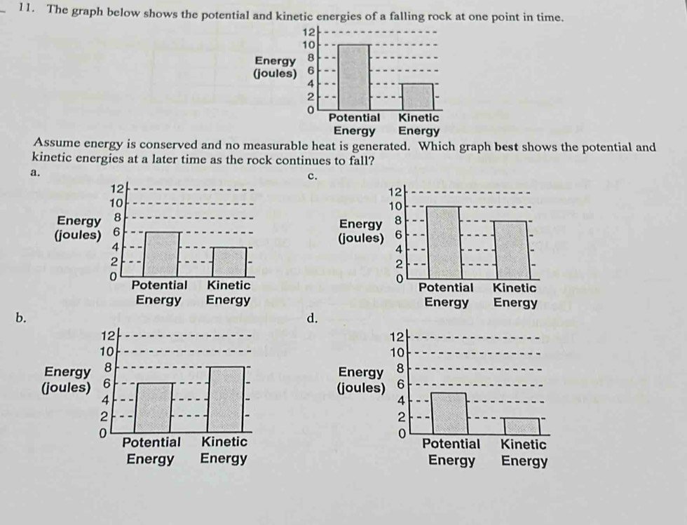 The graph below shows the potential and kinetic energies of a falling rock at one point in time.
Energy
(joules
Energy Energy
Assume energy is conserved and no measurable heat is generated. Which graph best shows the potential and
kinetic energies at a later time as the rock continues to fall?
a.
c.
EnergEnerg
(joules
(joules

Energy Energy Energy Energy
b.
d.
Energy
Energ
(joules
(joules

Energy Energy Energy Energy