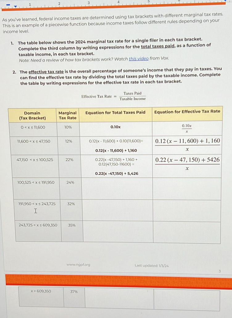 1 2
As you've learned, federal income taxes are determined using tax brackets with different marginal tax rates.
This is an example of a piecewise function because income taxes follow different rules depending on your
income level.
1. The table below shows the 2024 marginal tax rate for a single filer in each tax bracket.
Complete the third column by writing expressions for the total taxes paid, as a function of
taxable income, in each tax bracket.
Note: Need a review of how tax brackets work? Watch this video from Vox.
2. The effective tax rate is the overall percentage of someone's income that they pay in taxes. You
can find the effective tax rate by dividing the total taxes paid by the taxable income. Complete
the table by writing expressions for the effective tax rate in each tax bracket.
Effective Tax Rate   Tak  Paid/Income 
www.ngpf.org Last updated: 1/3/24
3
x>609,350 37%