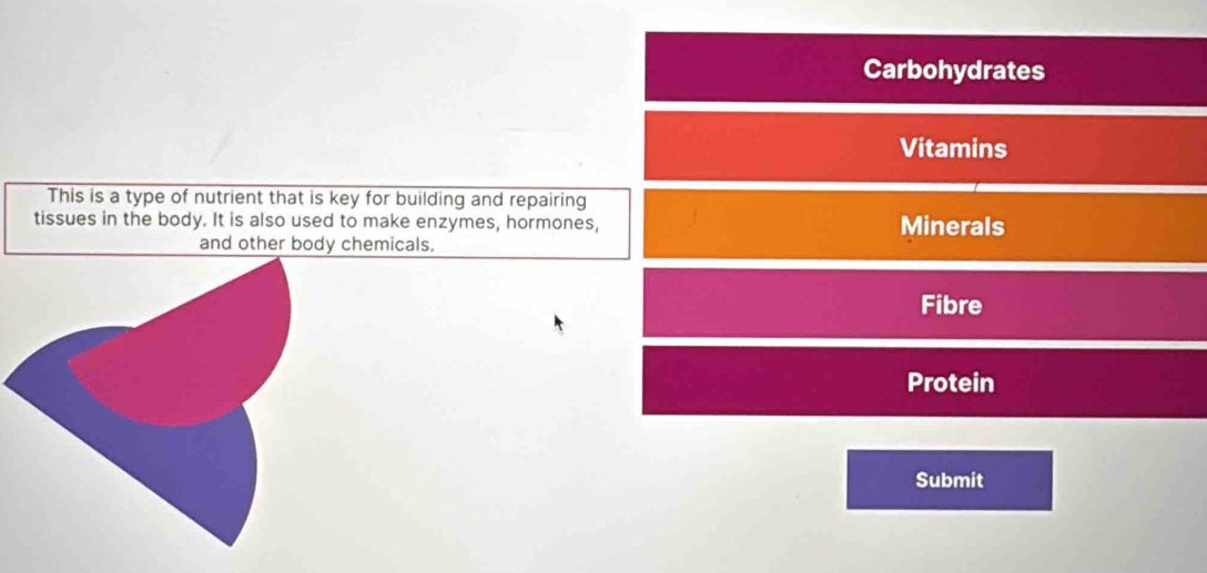 Carbohydrates 
Vitamins 
This is a type of nutrient that is key for building and repairing 
tissues in the body. It is also used to make enzymes, hormones, Minerals 
and other body chemicals. 
Fibre 
Protein 
Submit