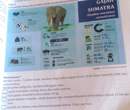 wilayan d 
nbCermatilah infografis berikut untuk menjawab pertany GAJAH
okay
Her 
C
k
Pertanyaan 7
Berilah tanda √ dalam kotak jawaban yang Anda anggap benar. Ani
satu jawaban.
Berdasarkan infografis, karakteristik gajah yaitu ....
gajah memakan ranting, daun, dan umbi-umbian.
bayi gajah memiliki bobot sekitar 25 kg.
gajah mampu berjalan untuk mencari dan mempertahankan wilayahnya sejauh 15 km per
hari.
jumlah air minum yang dikonsumsi gajah sekitar 5 liter per hari.