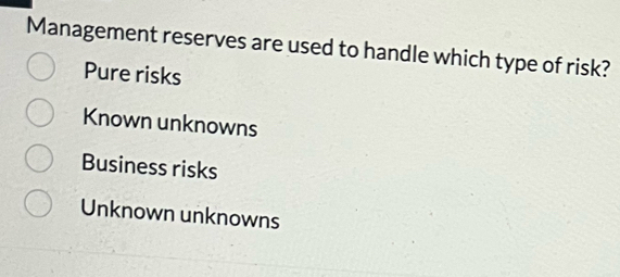 Solved: Management reserves are used to handle which type of risk? Pure ...