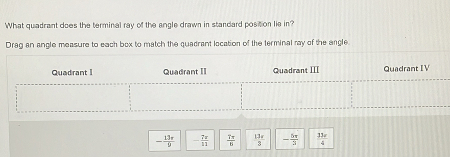 What quadrant does the terminal ray of the angle drawn in standard position lie in?
Drag an angle measure to each box to match the quadrant location of the terminal ray of the angle.
- 13π /9  - 7π /11   7π /6   13π /3  - 5π /3   33π /4 