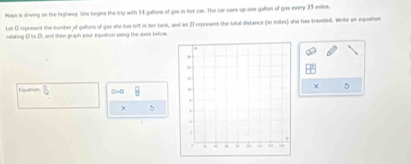 Maya is driving on the highway. She begins the trip with 14 gallons of gas in her car. The car uses up one gallon of gas every 35 miles. 
Let G represent the number of gallons of gas she has left in her tank, and let D represent the total distance (in miles) she has traveled. Write an equation 
relating G to D, and then graph your equation using the axes below. 
Equation: 
× 5
□ =□  □ /□  
×