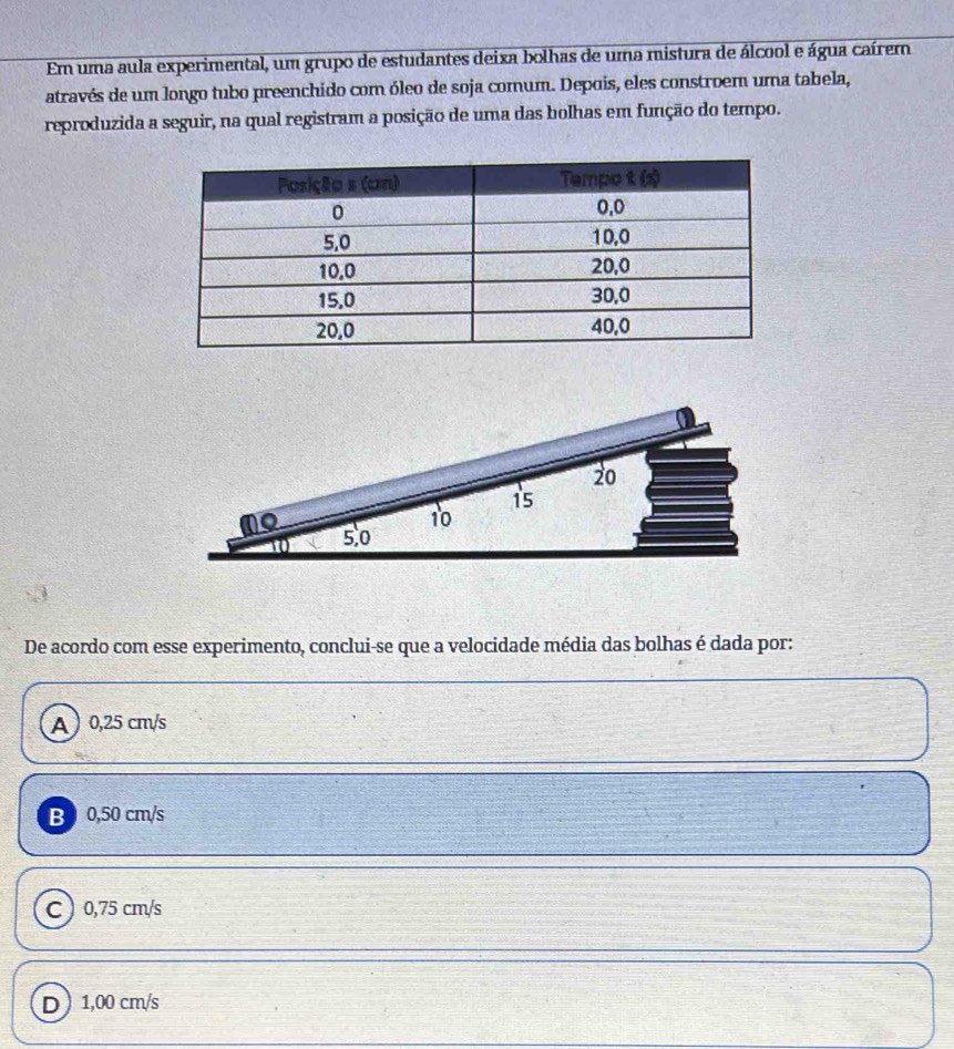 Em uma aula experimental, um grupo de estudantes deixa bolhas de uma mistura de álcool e água caírem
através de um longo tubo preenchido com óleo de soja comum. Depois, eles constroem uma tabela,
reproduzida a seguir, na qual registram a posição de uma das bolhas em função do tempo.
De acordo com esse experimento, conclui-se que a velocidade média das bolhas é dada por:
A ) 0,25 cm/s
B 0,50 cm/s
C  0,75 cm/s
D 1,00 cm/s