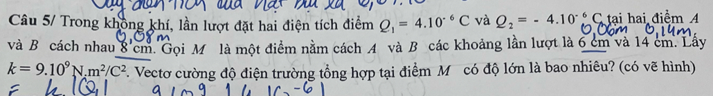 Câu 5/ Trong không khí, lần lượt đặt hai điện tích điểm Q_1=4.10^(-6)C và Q_2=-4.10^(-6)C C tại hai điểm A 
và B cách nhau 8'cm. Gọi M là một điểm nằm cách 4 và B các khoảng lần lượt là 6 cm và 14 cm. Lấy
k=9.10^9N.m^2/C^2. Vectơ cường độ điện trường tổng hợp tại điểm M có độ lớn là bao nhiêu? (có vẽ hình)