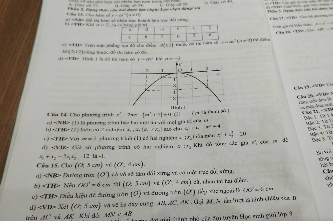 Ghây cỡ nào phú hợp với nhiều bạn nam trong lớp nhất
A. Giây cð 37. B. Giảy cỡ 38. C. Giảy cỡ 39. D. Giày cỡ 40.
c) ∠ TH>Cac
d) ∠ VD> Giải Nhất, giải Nhi chiêm 3
Phần 2. Dạng thức câu hội được lựa chọn: Lựa chọn đúng/ sai
Phần 3. Dựng thức cầu hới được l
Câu 13. Cho hàm số y=ax^2(a!= 0)
a ∠ NB>D_0^(2 ổ thị hàm số nhận trục hoành làm trục đối xứng.
Câu 17. Cho hệ phương trì
b) ∠ TH>Khi a=2 ,
Tính giá trị biểu thức: A=x^2)-3
Câu 18. ∠ TH. Cho ABC=4
c) ∠ TH> Trên mặt phẳng tọa độ cho điểm A(1;3) thuộc y=ax^2(a!= 0)thi điểm
M(2;12) cũng thuộc đồ thị hàm số đó.
d) ∠ VD> Hình 1 là đồ thị 
Câu 19. Ch
Câu 20. N
rằng mắt đen là
ra một đứa con
Câu 14. Cho phương trình x^2-2mx-(m^2+4)=0 (1) ( m là tham số )
Câu 21. (1) là phương trình bậc hai một ẩn với mọi giá trị của m :
Bậc 2: Từ 10
b) (1) luôn có 2 nghiệm x_1;x_2(x_1!= x_2) sao cho x_1+x_2=m^2+4.
Bậc 3: Từ 2
c) Với m=2 phương trình (1) có hai nghiệm x_1;x_2 thỏa mãn x_1^(2+x_2^2=20.
Bậc 4: Từ
d) ∠ VD> Giả sử phương trình có hai nghiệm x_1);x_2.Khi đó tổng các giá trị của m đề  Bậc 5: Từ
So với
x_1+x_2-2x_1x_2=12la-1.
Câu 15. Cho (0;5cm) và (O';4cm). tổng s
hết b
a) Đường tròn (O') có vô số tâm đối xứng và có một trục đối xứng.
Câu
b) Nếu OO'=6cm thì (0;5cm) và (O';4cm) cắt nhau tại hai điểm. chú
nh
c) Điều kiện để đường tròn (O) và đường tròn (O') tiếp xúc ngoài là OO'=6cm.
d) Xét (0;5cm) và vẽ ba dây cung AB, AC, AK . Gọi M, N lần lượt là hình chiếu của B
trên AC và AK . Khi đó: MN
M   ả thành phố của đội tuyền Học sinh giỏi lớp 9