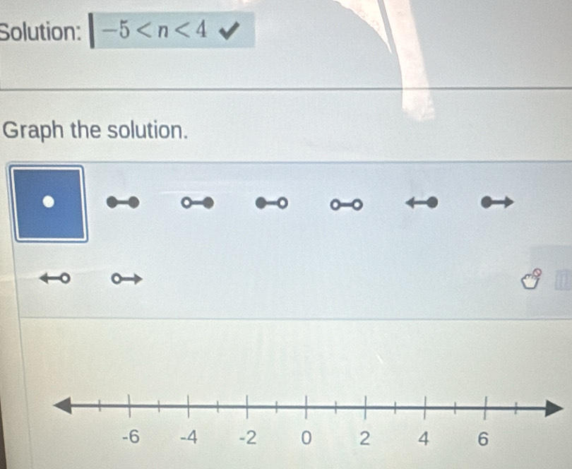 Solution: |-5
Graph the solution. 
. 
0 -0
o