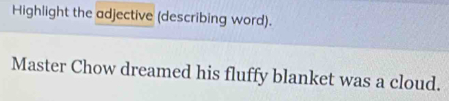 Highlight the adjective (describing word). 
Master Chow dreamed his fluffy blanket was a cloud.