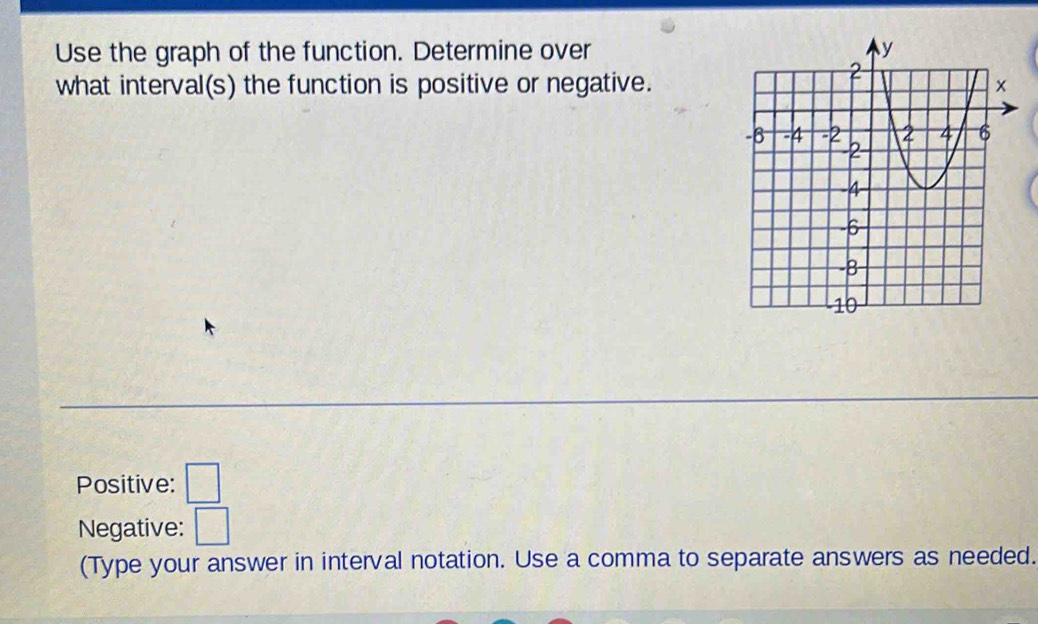 Use the graph of the function. Determine over 
what interval(s) the function is positive or negative. 
Positive: □ 
Negative: □ 
(Type your answer in interval notation. Use a comma to separate answers as needed.