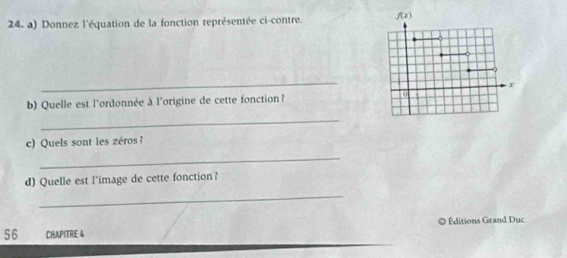 Donnez l'équation de la fonction représentée ci-contre.
f(x)
_
x
b) Quelle est l'ordonnée à l'origine de cette fonction? 
_ 
c) Quels sont les zéros ? 
_ 
d) Quelle est l'image de cette fonction? 
_ 
56 CHAPITRE 4 Éditions Grand Duc