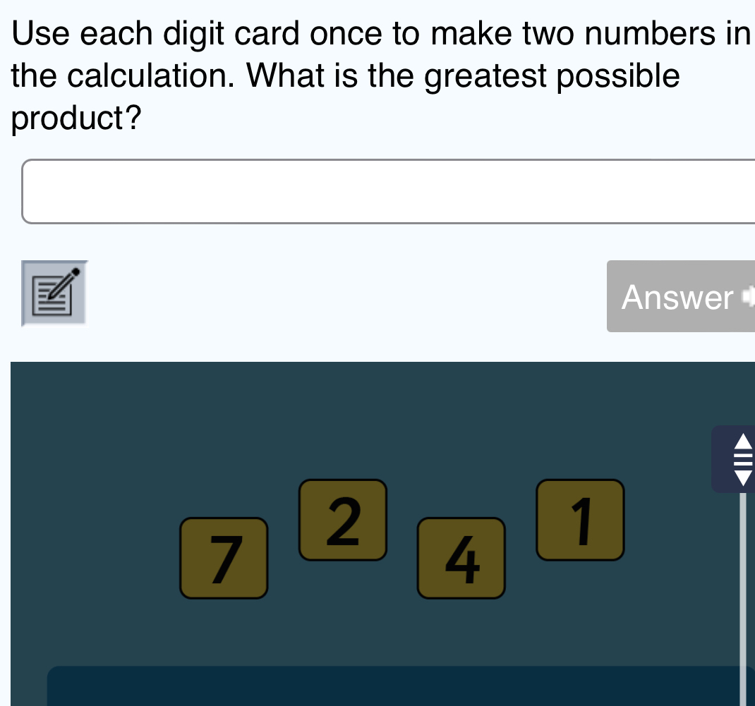 Solved: Use each digit card once to make two numbers in the calculation ...