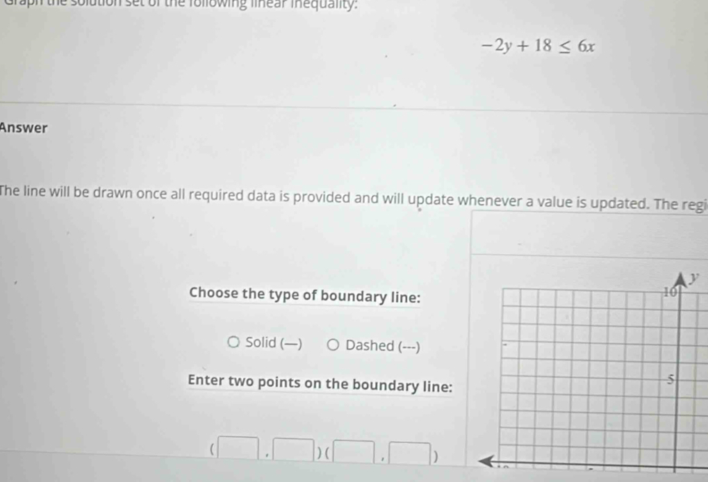 Graph the solution set of the following linear inequality:
-2y+18≤ 6x
Answer
The line will be drawn once all required data is provided and will update whenever a value is updated. The regi
Choose the type of boundary line:
Solid (—) Dashed (---)
Enter two points on the boundary line:
(□ ,□ )(□ ,□ )