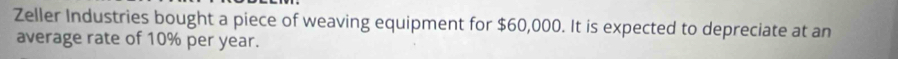 Zeller Industries bought a piece of weaving equipment for $60,000. It is expected to depreciate at an 
average rate of 10% per year.