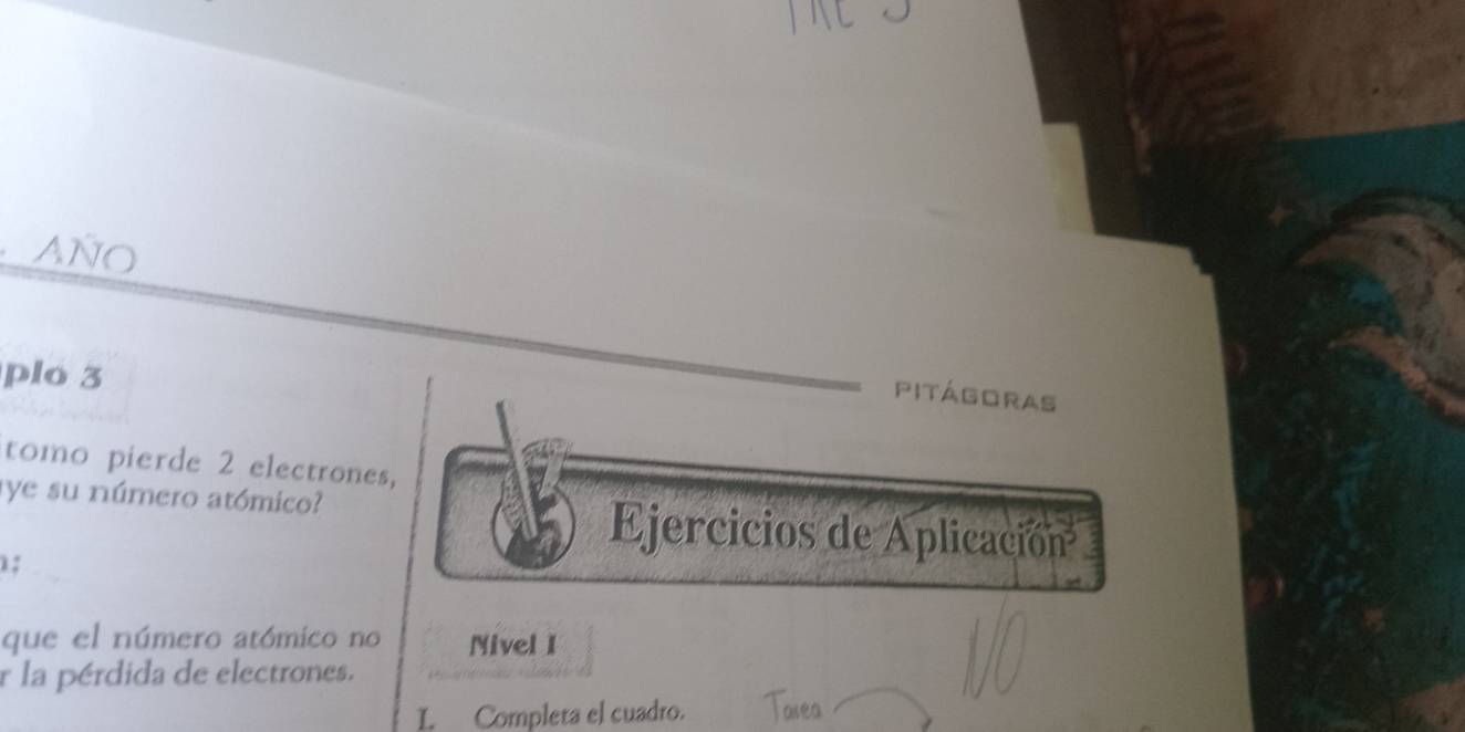 AÑO 
plo 3 
Pitágoras 
tomo pierde 2 electrones, 
ye su número atómico? 
; 
Ejercicios de Aplicación 
que el número atómico no Nivel I 
r la pérdida de electrones. 
I. Completa el cuadro. e