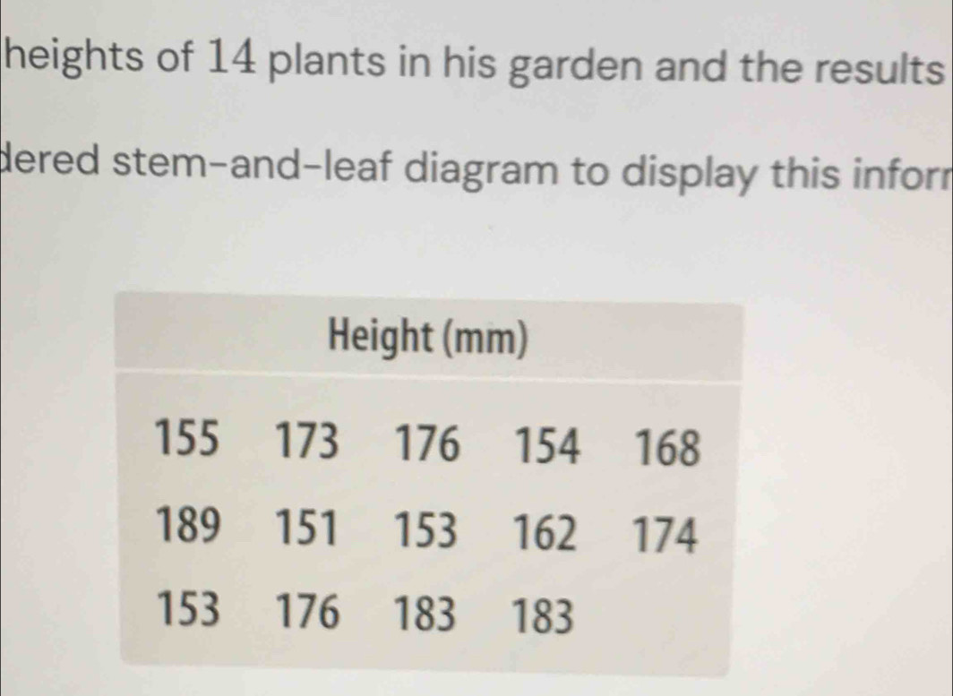 heights of 14 plants in his garden and the results 
dered stem-and-leaf diagram to display this infor